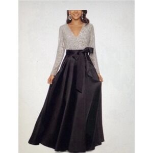Xscape Glittering Silver Top with Black Skirt Long Sleeve Dress